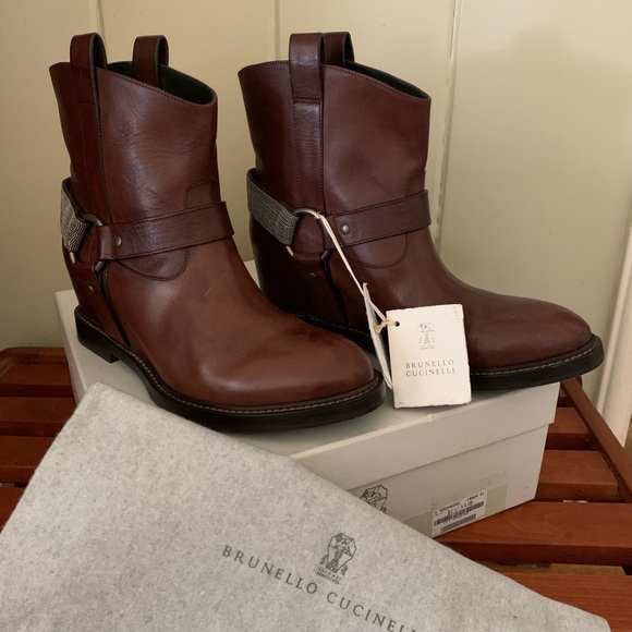 Brunello Cucinelli Leather Monili Moto Wedge boots - Picture 6 of 8